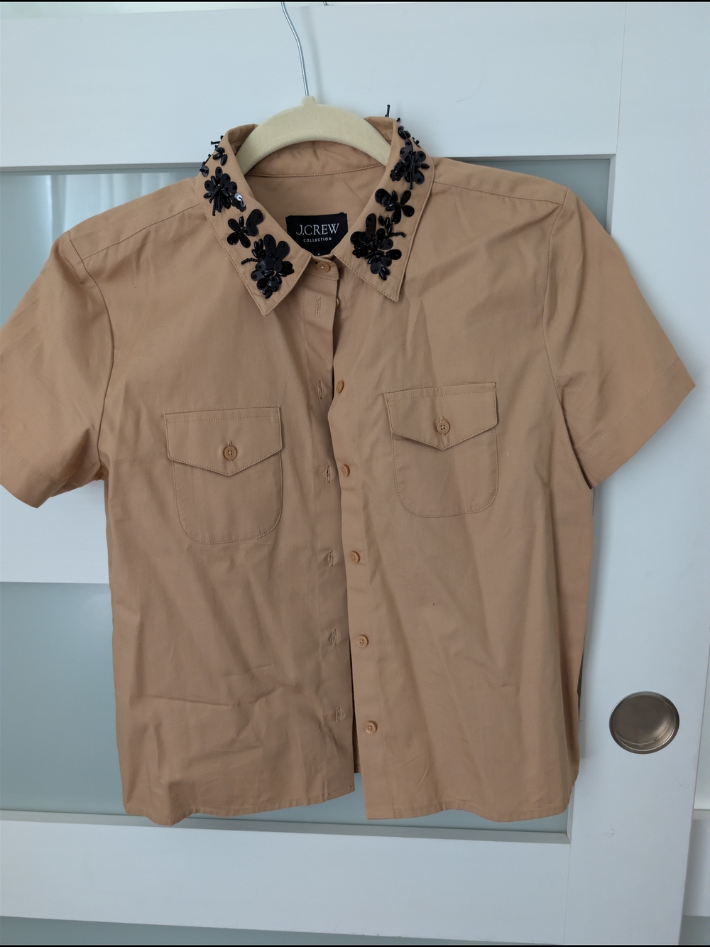J. Crew Tan Short-Sleeve Button-Down Shirt with Black Floral Collar - Picture 3 of 5